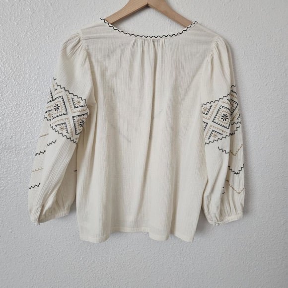 Madewell Peasant Embroidered V Neck Gauze Pullover Long Sleeve Top Ivory XS - Picture 7 of 10